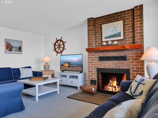 1146 N Marion Ave Unit 628, Gearhart, OR 97138 - carpeted living room featuring a brick fireplace and a textured ceiling