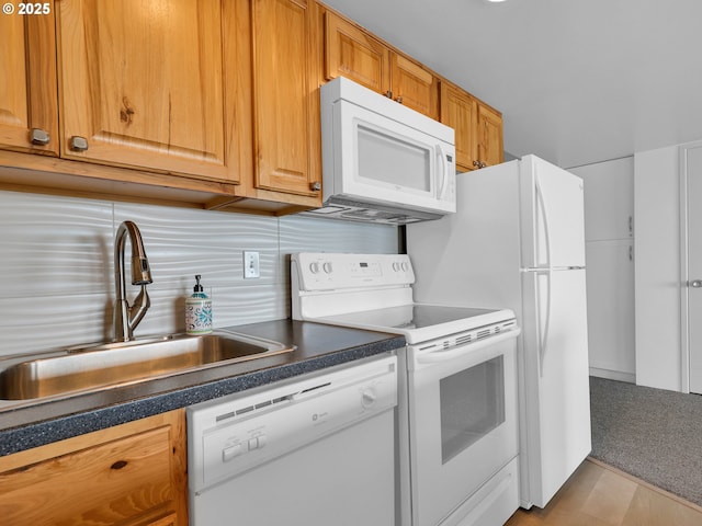 1146 N Marion Ave Unit 628, Gearhart, OR 97138 - kitchen with white appliances, a sink, dark countertops, and decorative backsplash