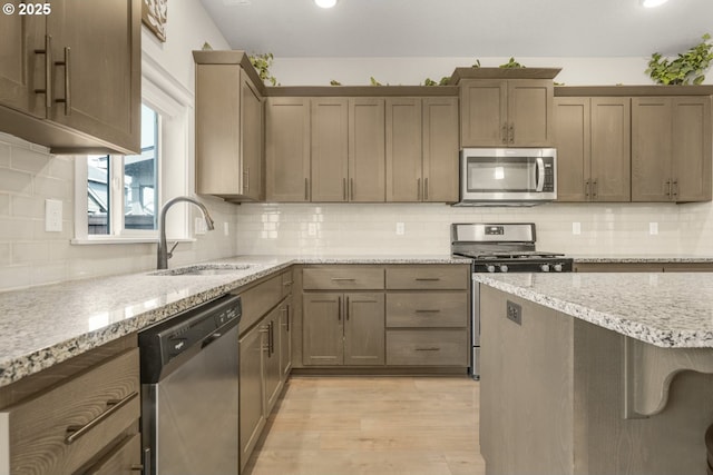kitchen with a sink, light wood-style flooring, backsplash, and stainless steel appliances