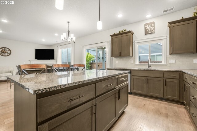 kitchen featuring backsplash, open floor plan, visible vents, and a sink
