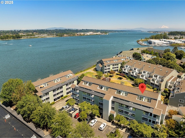 bird's eye view with a water view