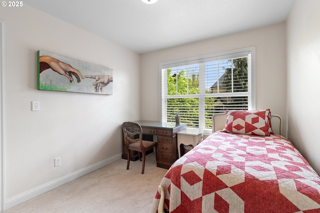 bedroom with light carpet