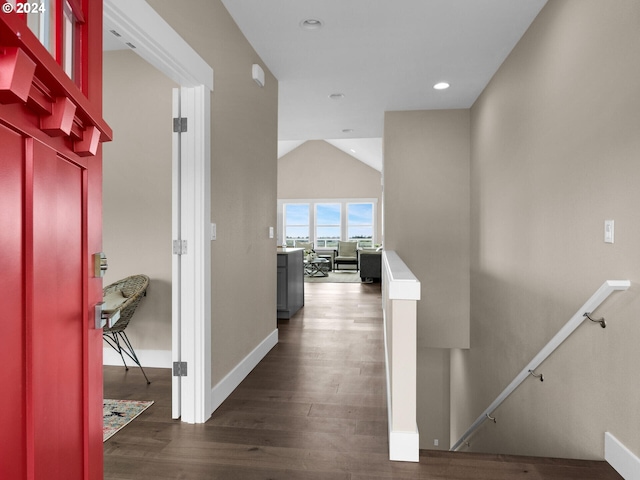 1790 Thompson Falls Dr, Seaside, OR 97138 - hallway featuring an upstairs landing, dark wood-style flooring, vaulted ceiling, and recessed lighting