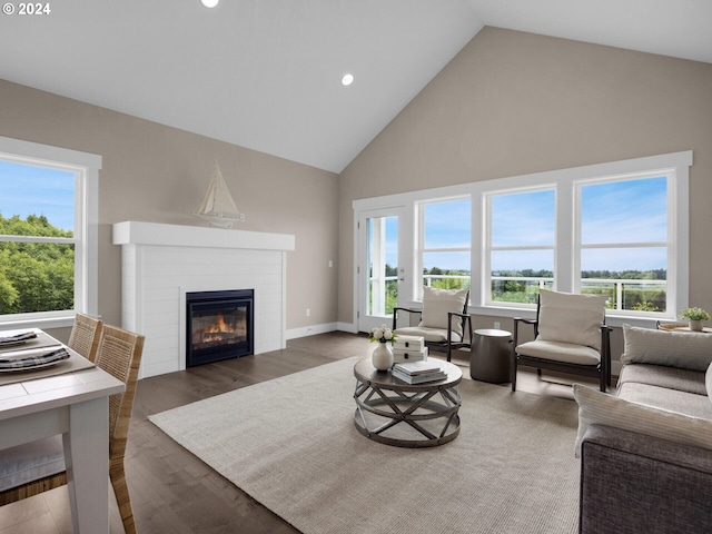 1790 Thompson Falls Dr, Seaside, OR 97138 - living room featuring high vaulted ceiling, a glass covered fireplace, healthy amount of natural light, wood finished floors, and recessed lighting