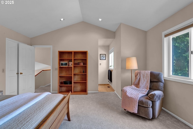 bedroom featuring light carpet, baseboards, lofted ceiling, and recessed lighting