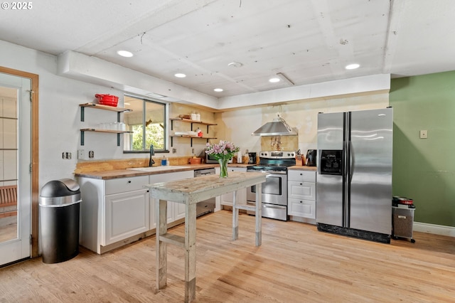 22224 S Kamrath Rd, Oregon City, OR 97045 - kitchen with appliances with stainless steel finishes, open shelves, extractor fan, white cabinetry, and light wood-style flooring