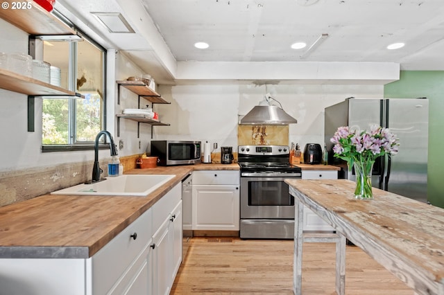 22224 S Kamrath Rd, Oregon City, OR 97045 - kitchen with appliances with stainless steel finishes, open shelves, butcher block countertops, white cabinetry, and light wood-style floors