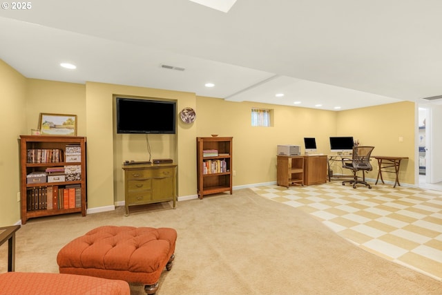 carpeted office with recessed lighting, visible vents, and baseboards