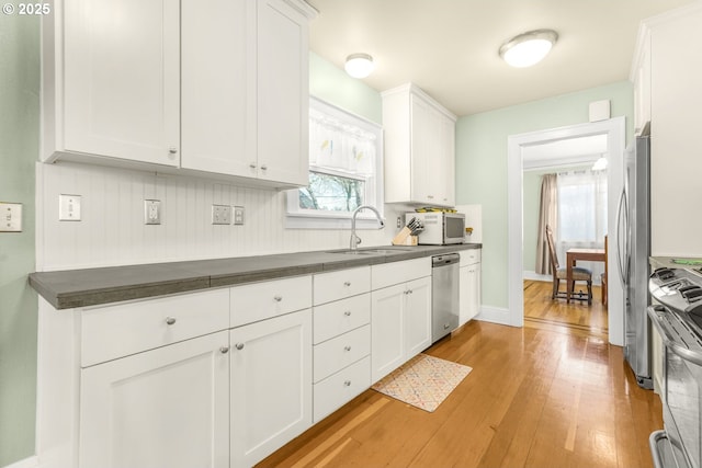 kitchen with light wood-type flooring, a sink, dark countertops, white cabinetry, and stainless steel appliances