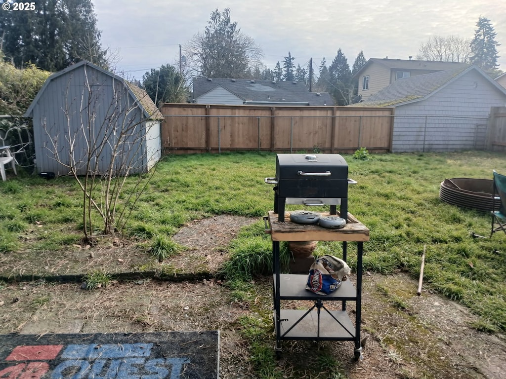 view of yard featuring a storage unit