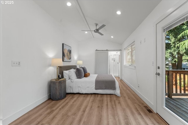 4992 Prospect St, West Linn, OR 97068 - bedroom featuring access to outside, light wood finished floors, vaulted ceiling, recessed lighting, and a barn door