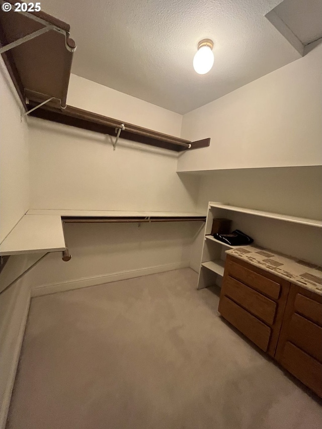 walk in closet featuring light colored carpet
