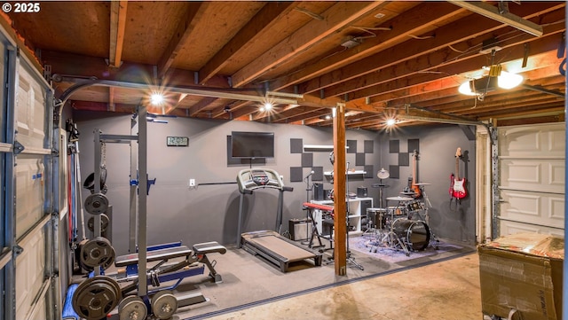 workout room featuring a garage