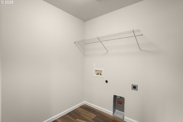 laundry room with baseboards, laundry area, hookup for a washing machine, dark wood-style floors, and hookup for an electric dryer