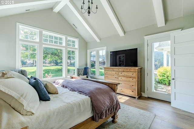 bedroom with beam ceiling, high vaulted ceiling, light wood-type flooring, visible vents, and access to outside