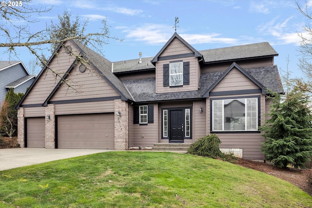 view of front of home with a garage and a front lawn