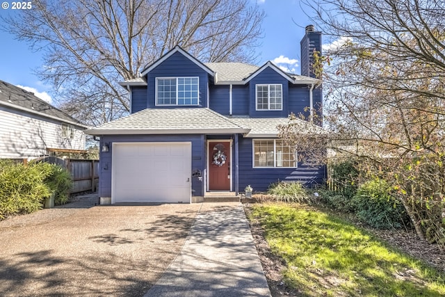 traditional home with an attached garage, fence, roof with shingles, a chimney, and driveway