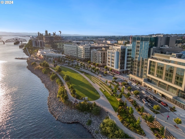 bird's eye view with a city view and a water view