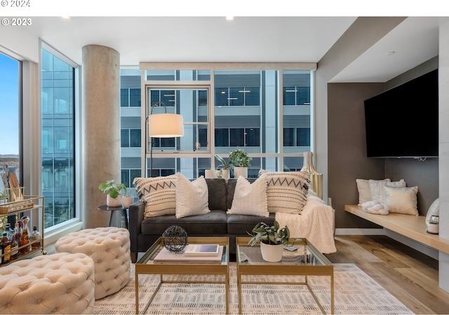 living area featuring a wall of windows and wood finished floors