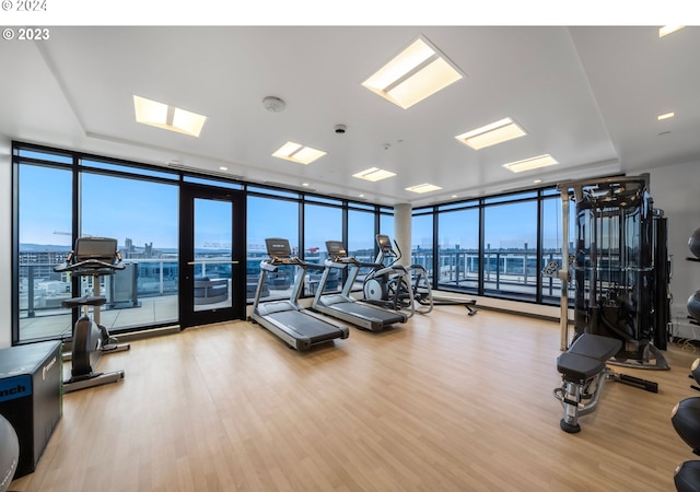 workout area featuring a wall of windows, a view of city, and wood finished floors