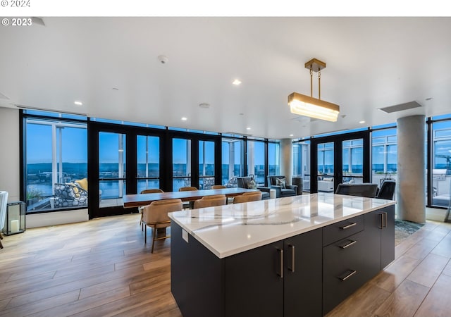 kitchen with open floor plan, dark cabinetry, and expansive windows