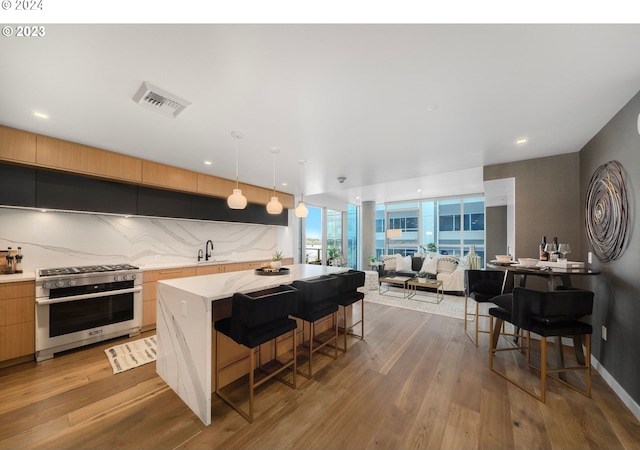 kitchen featuring high end range, wood finished floors, visible vents, a sink, and modern cabinets