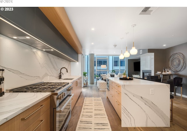 kitchen with a sink, stainless steel stove, modern cabinets, open floor plan, and backsplash