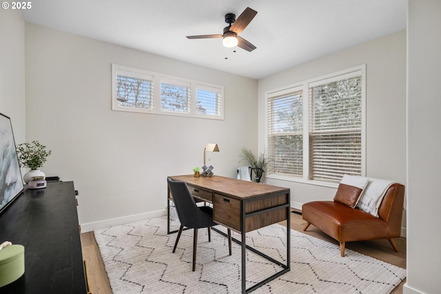 office area with ceiling fan and light wood-type flooring