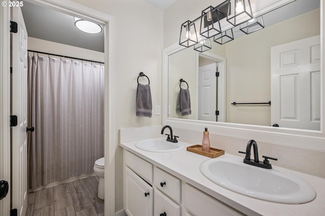 bathroom featuring vanity, a shower with shower curtain, and toilet