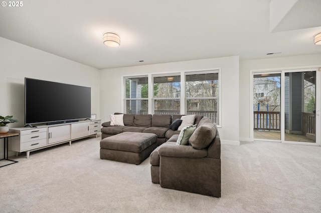 living room with light colored carpet