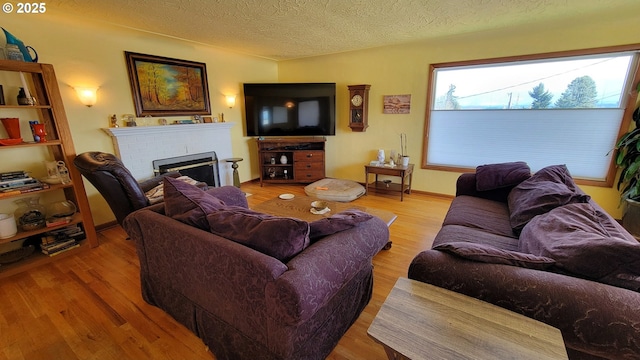 living room featuring baseboards, a textured ceiling, wood finished floors, and a fireplace