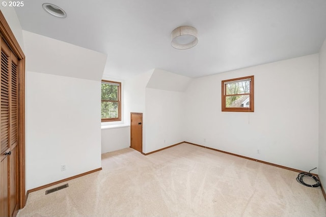 additional living space featuring light carpet and lofted ceiling