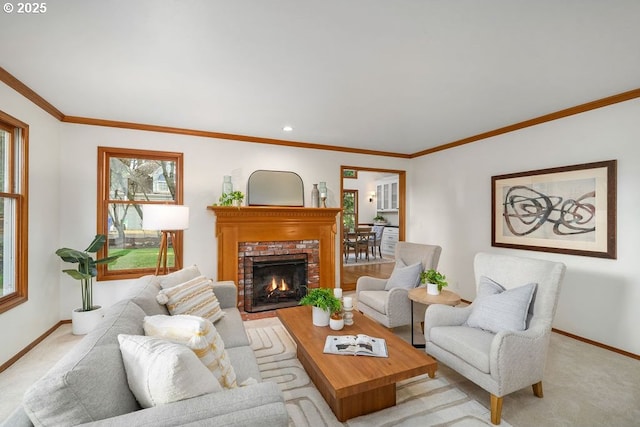 living room featuring light carpet, ornamental molding, and a brick fireplace