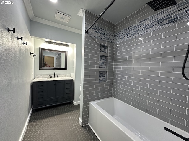 212 NW Bridge St, John Day, OR 97845 - bathroom featuring baseboards, crown molding, vanity, tile patterned floors, and  shower combination