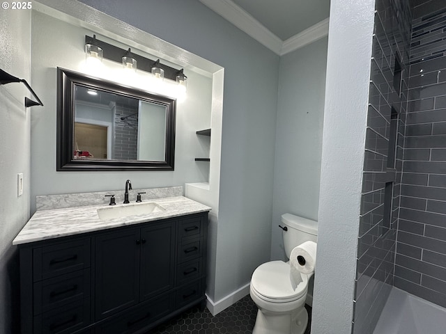 212 NW Bridge St, John Day, OR 97845 - full bath with vanity, ornamental molding, toilet, a tile shower, and tile patterned flooring