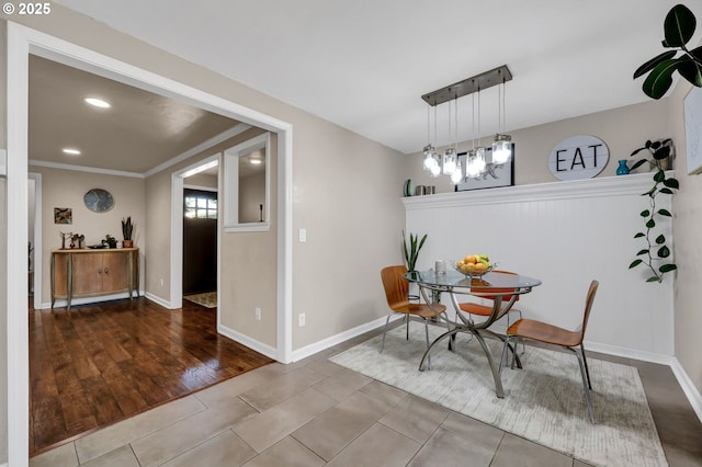 1364 Goodpasture Island Rd, Eugene, OR 97401 - dining space with tile patterned flooring, ornamental molding, baseboards, and recessed lighting