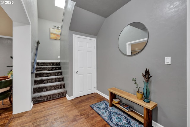 1364 Goodpasture Island Rd, Eugene, OR 97401 - stairs with wood finished floors, lofted ceiling, and baseboards
