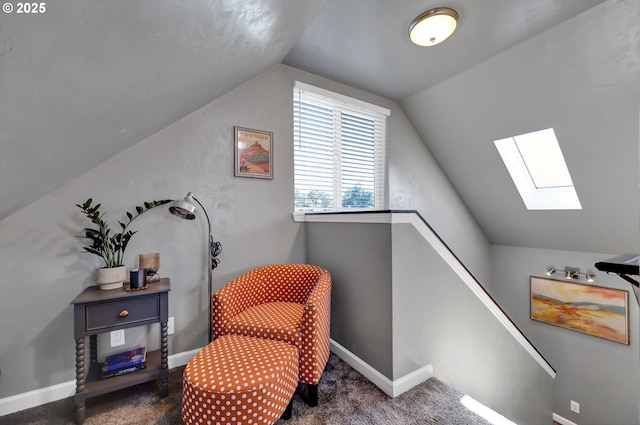1364 Goodpasture Island Rd, Eugene, OR 97401 - sitting room with a skylight, lofted ceiling, carpet floors, baseboards, and an upstairs landing