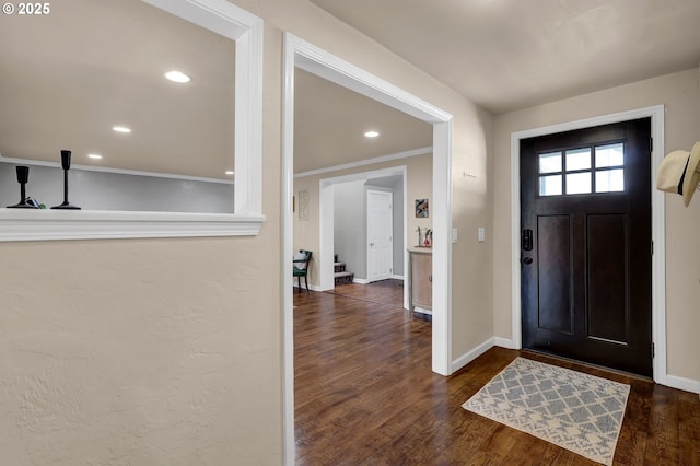 1364 Goodpasture Island Rd, Eugene, OR 97401 - entryway with baseboards, dark wood-style floors, recessed lighting, and stairway