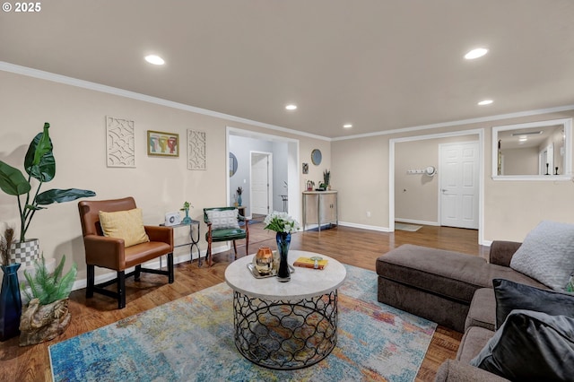 1364 Goodpasture Island Rd, Eugene, OR 97401 - living room with ornamental molding, recessed lighting, baseboards, and wood finished floors