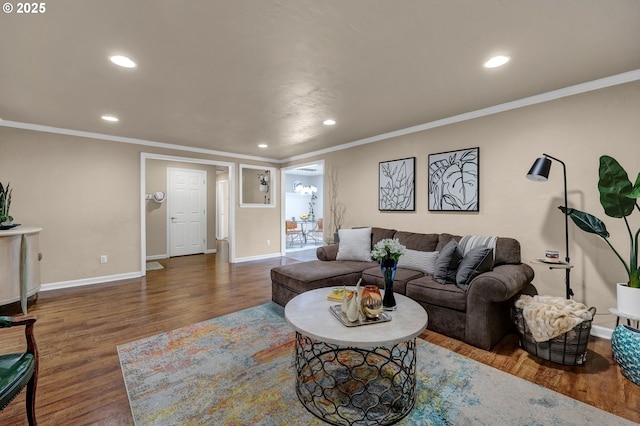 1364 Goodpasture Island Rd, Eugene, OR 97401 - living room featuring wood finished floors, recessed lighting, baseboards, and crown molding