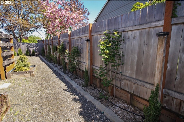 view of yard featuring a fenced backyard and a vegetable garden
