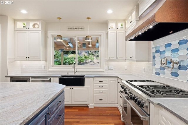 kitchen with white cabinetry, custom exhaust hood, appliances with stainless steel finishes, tasteful backsplash, and sink