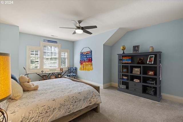 bedroom with ceiling fan and carpet