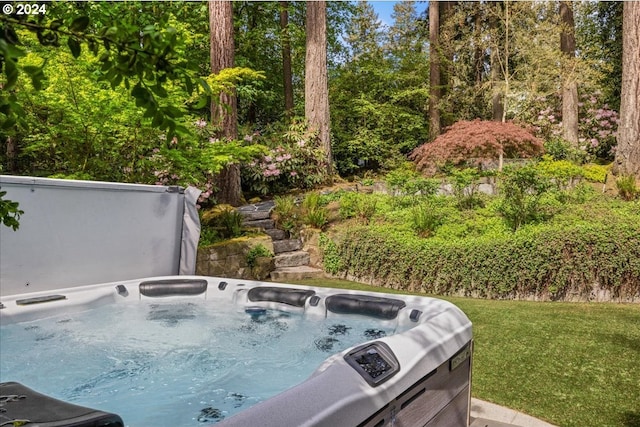 exterior space featuring a hot tub