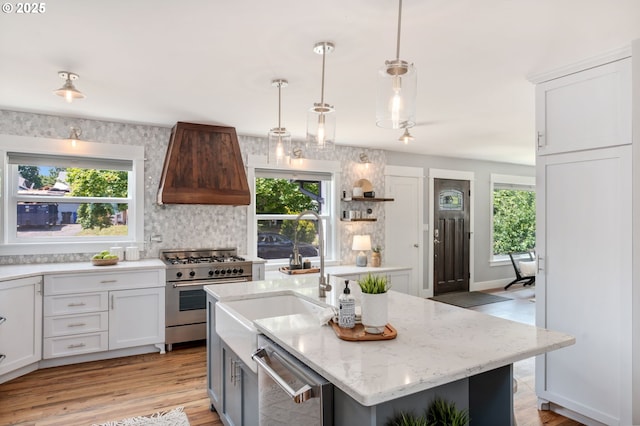 6126 SE 23rd Ave, Portland, OR 97202 - kitchen featuring appliances with stainless steel finishes, custom exhaust hood, and healthy amount of natural light