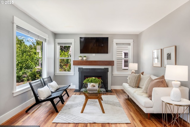 6126 SE 23rd Ave, Portland, OR 97202 - living area featuring a fireplace with flush hearth and wood finished floors