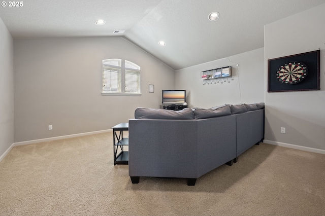 living area featuring baseboards, light carpet, recessed lighting, visible vents, and lofted ceiling
