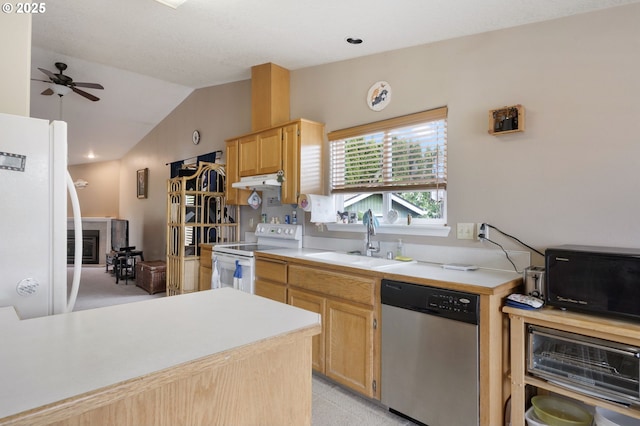 13810 NE 89th Cir, Vancouver, WA 98682 - kitchen with white appliances, a sink, light countertops, light brown cabinets, and ceiling fan