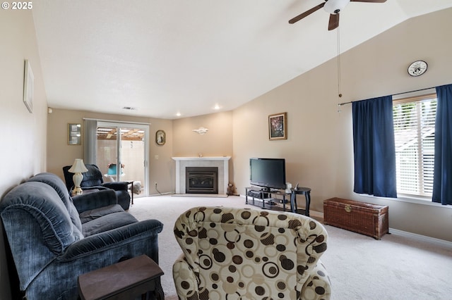 13810 NE 89th Cir, Vancouver, WA 98682 - living area featuring carpet floors, a ceiling fan, a tile fireplace, baseboards, and recessed lighting